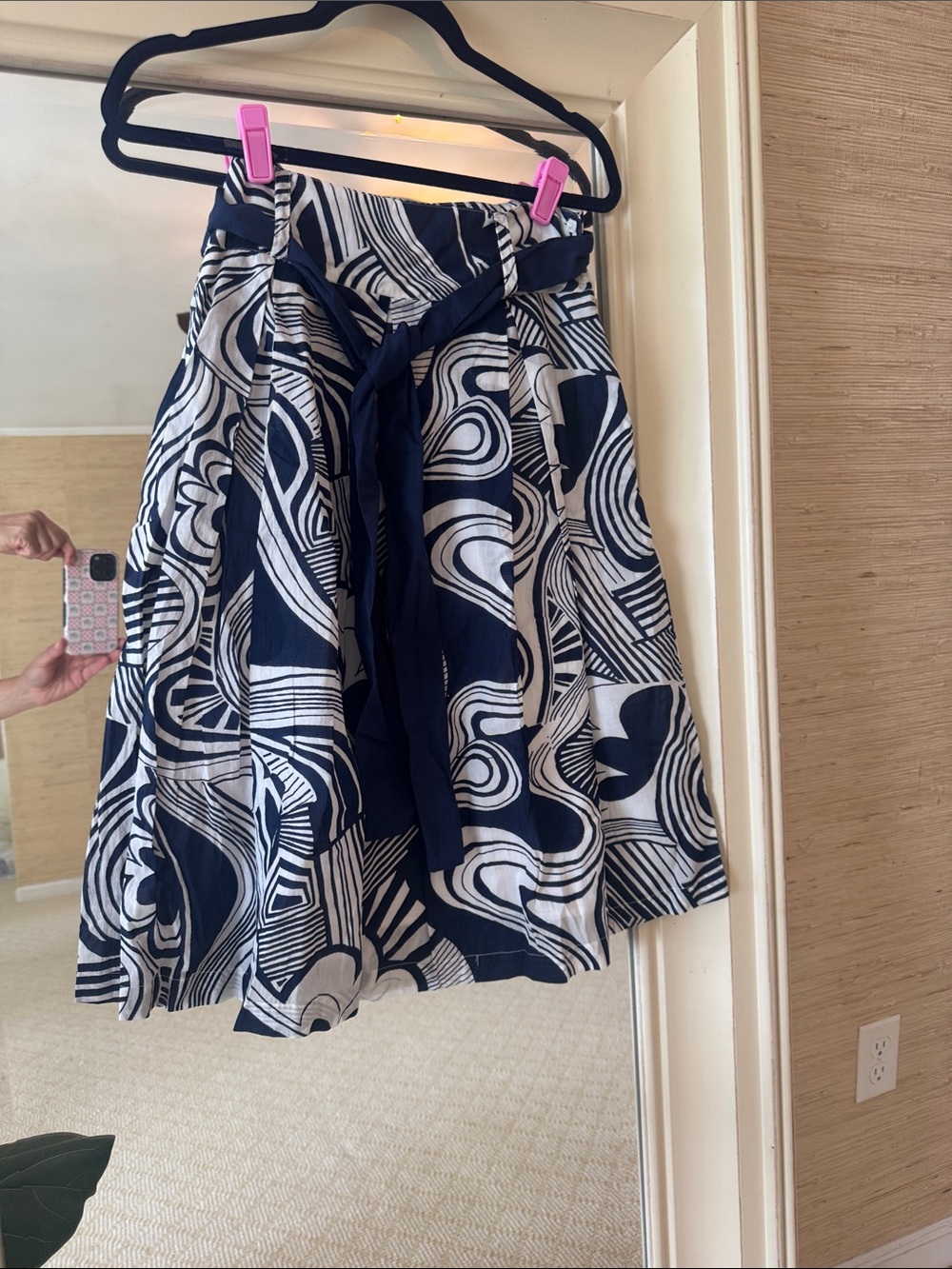 Chaudry Navy & White Printed A-Line Skirt with Waist Tie